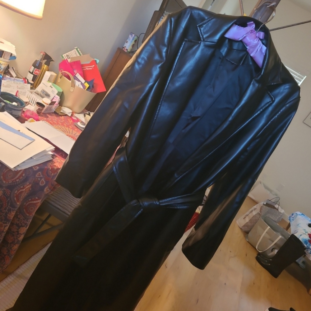 Zara Sleek Black Faux Leather Trench Coat